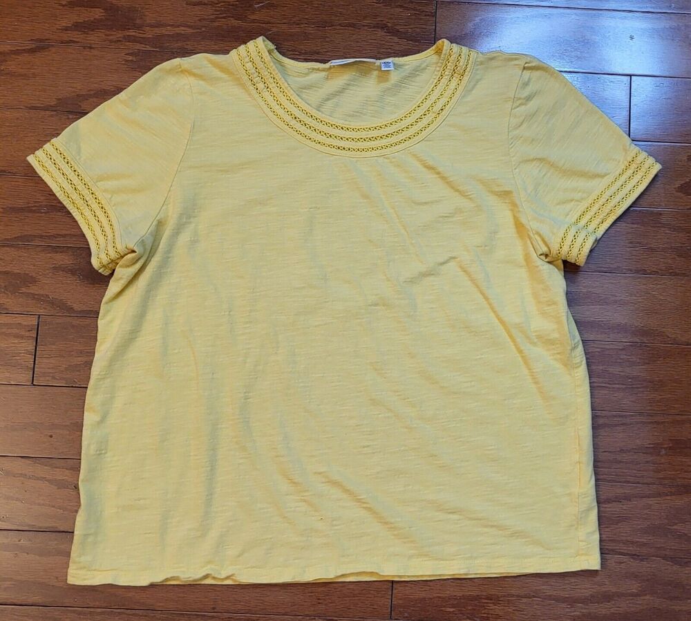 Rafaella Shirt Women Size XL Yellow Casual Stretch Round Neck Short Sleeve